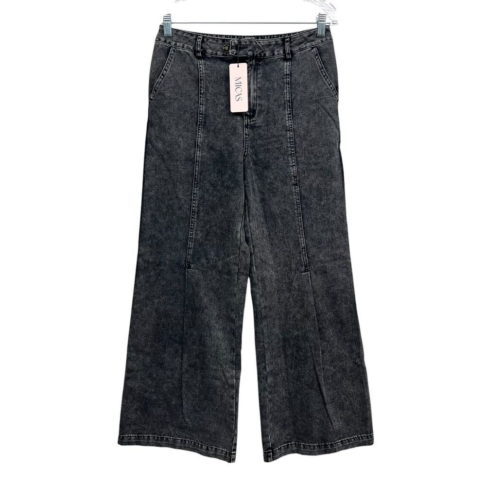 Micas Womens Wide Leg Jeans High Waist Side Pockets Zip Fly Black Wash Sz M*